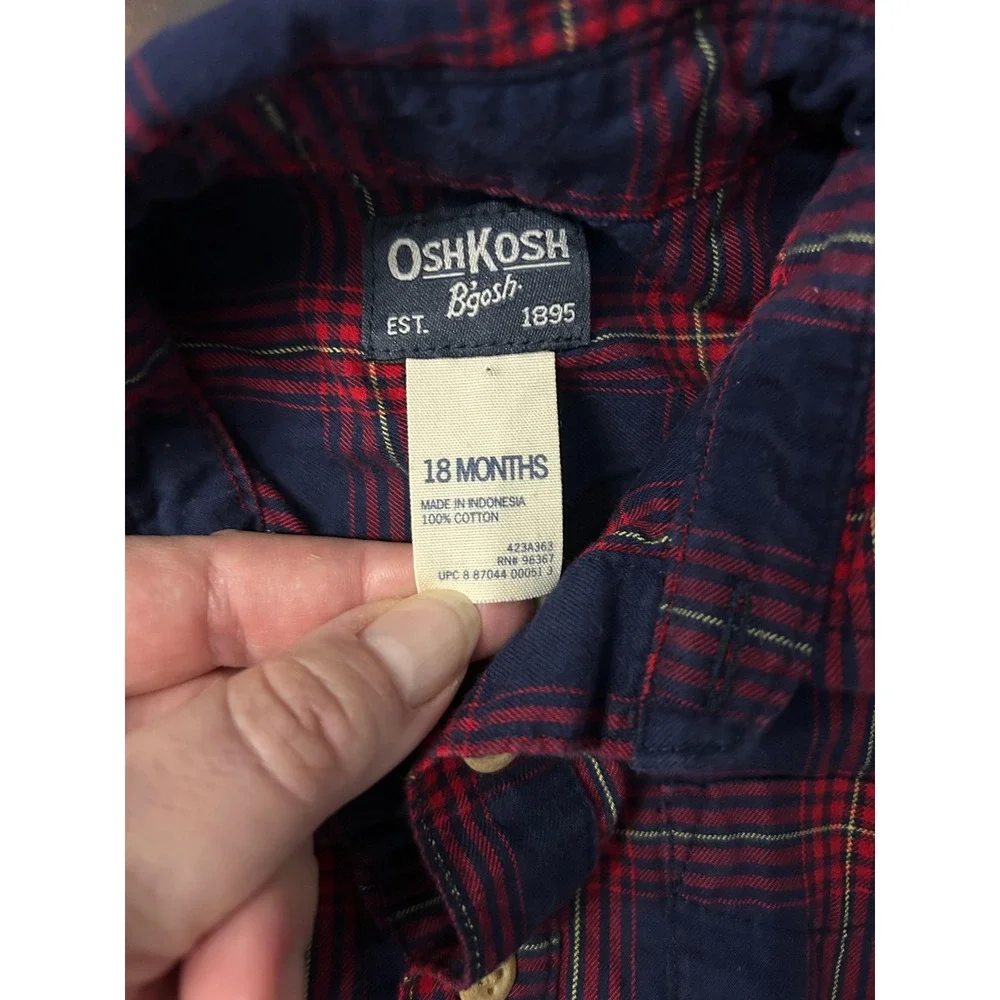 OshKosh Bgosh Baby Boys Navy Red Plaid Flannel Long Sleeve Bodysuit 18 Months